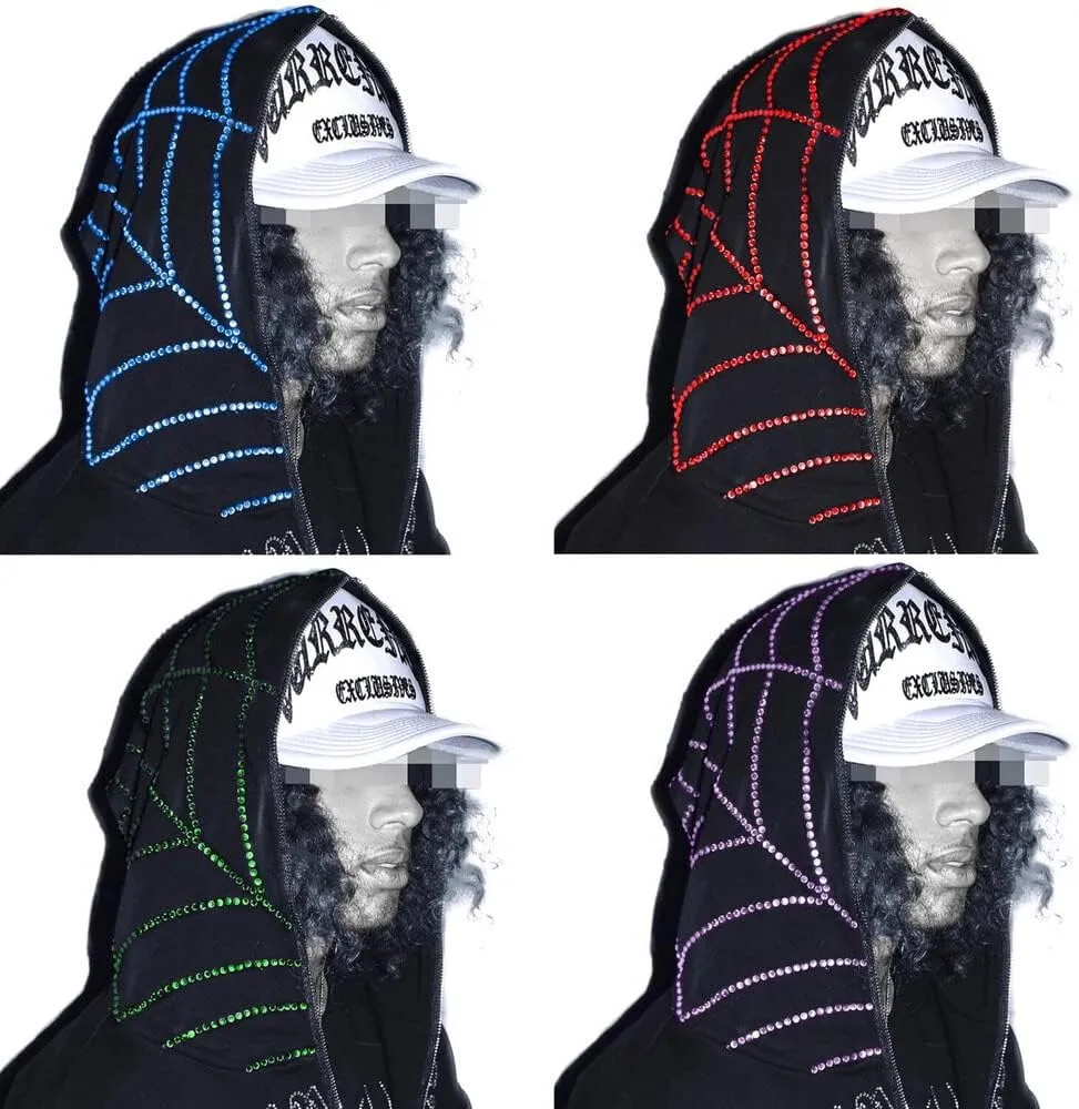 2023 Punk Jackets Streetwear Goth Oversized Zip Up Hoodie Men Women Rhinestone Y2K Spider Skeleton Hoodies