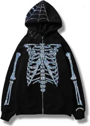 2023 Punk Jackets Streetwear Goth Oversized Zip Up Hoodie Men Women Rhinestone Y2K Spider Skeleton Hoodies