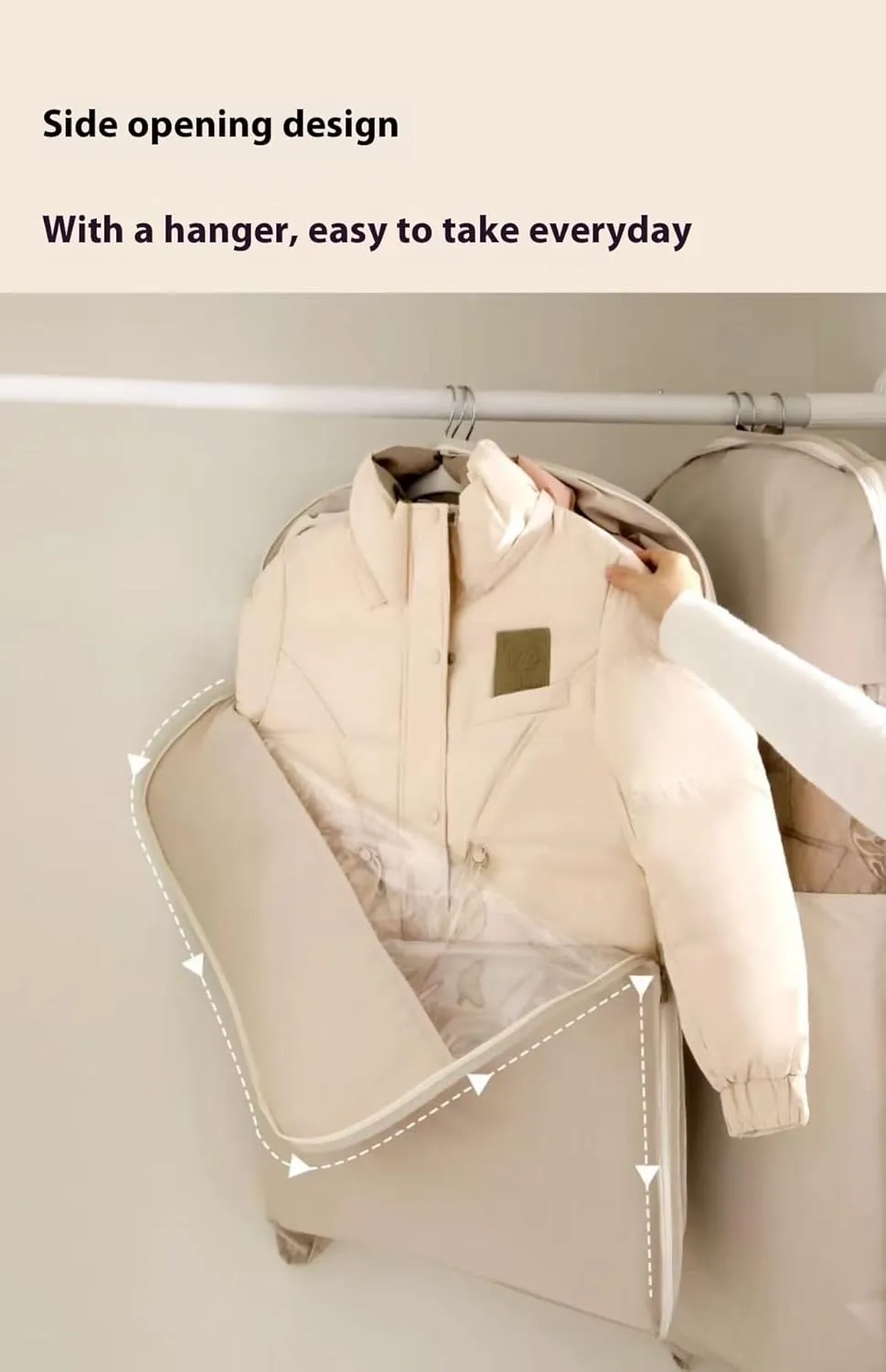 2025 Space Saving Hanging Garment Bag with Self Compression Zipper, Dust Cover Clothes Bags for Down Coat, Space Saving Self Compression Organizer (Beige, XL)