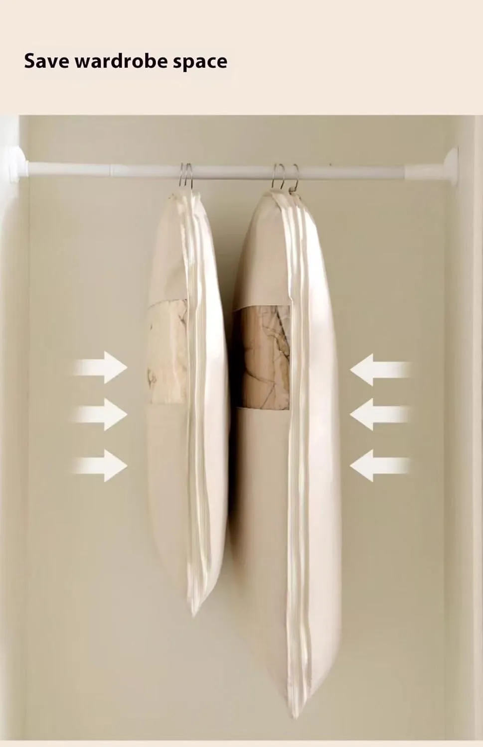 2025 Space Saving Hanging Garment Bag with Self Compression Zipper, Dust Cover Clothes Bags for Down Coat, Space Saving Self Compression Organizer (Beige, XL)