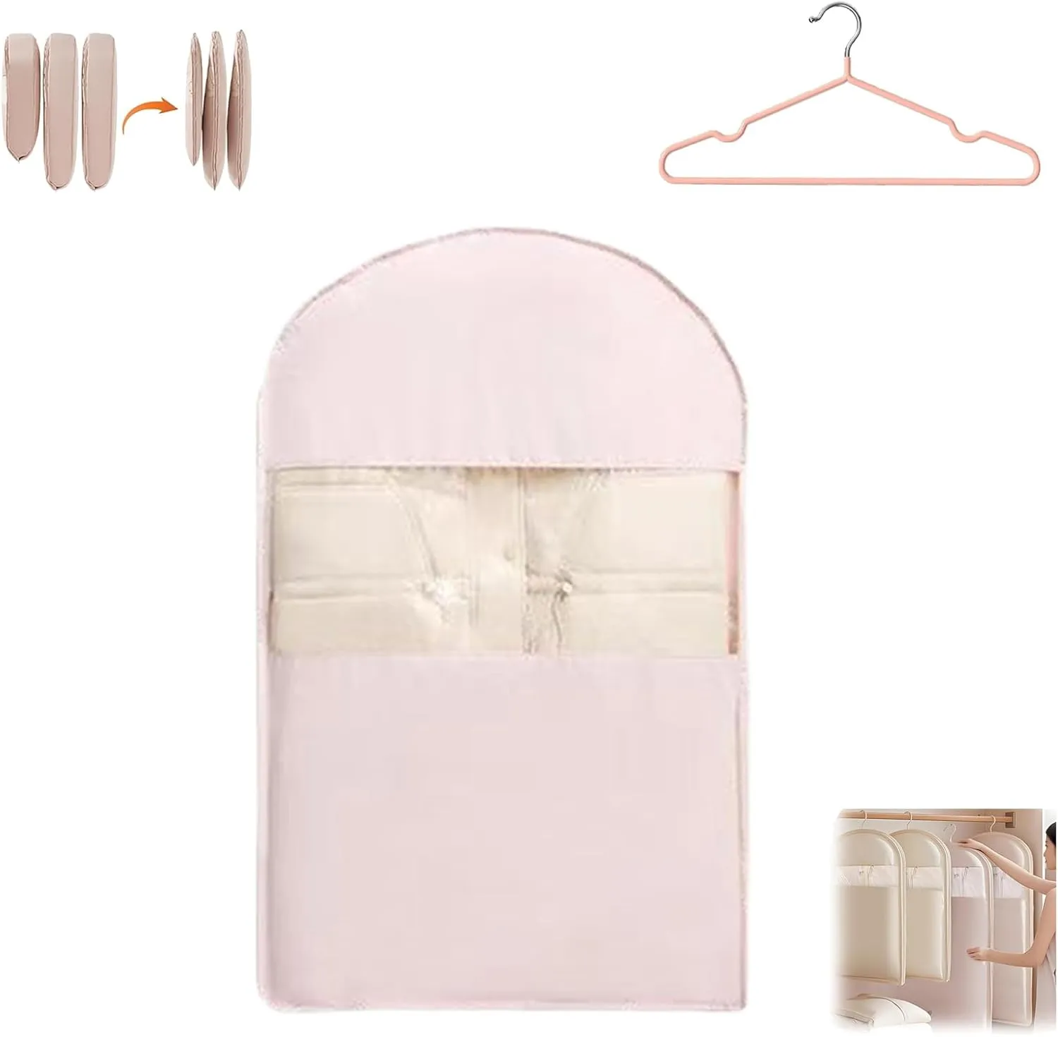 2025 Space Saving Hanging Garment Bag with Self Compression Zipper, Dust Cover Clothes Bags for Down Coat, Space Saving Self Compression Organizer (Pink, M)