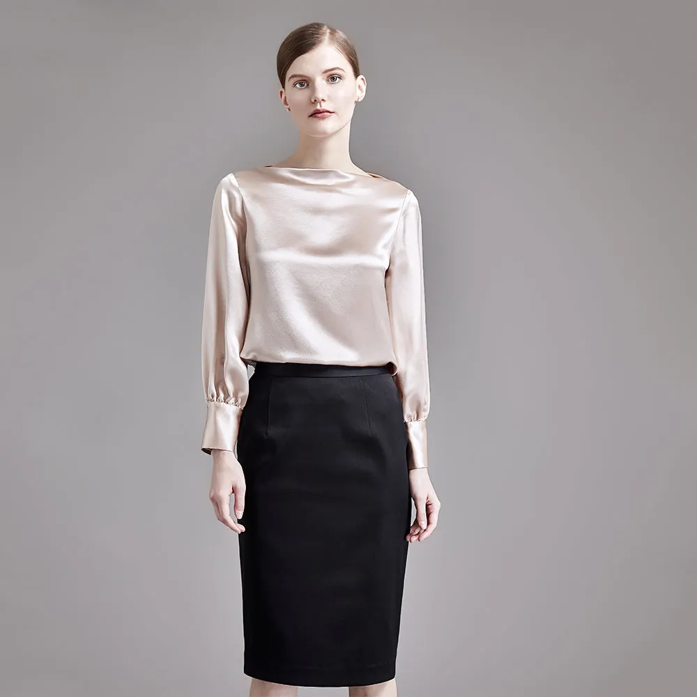 22 Momme Women Elegant Boat Neck Silk Blouse with Balloon Sleeves