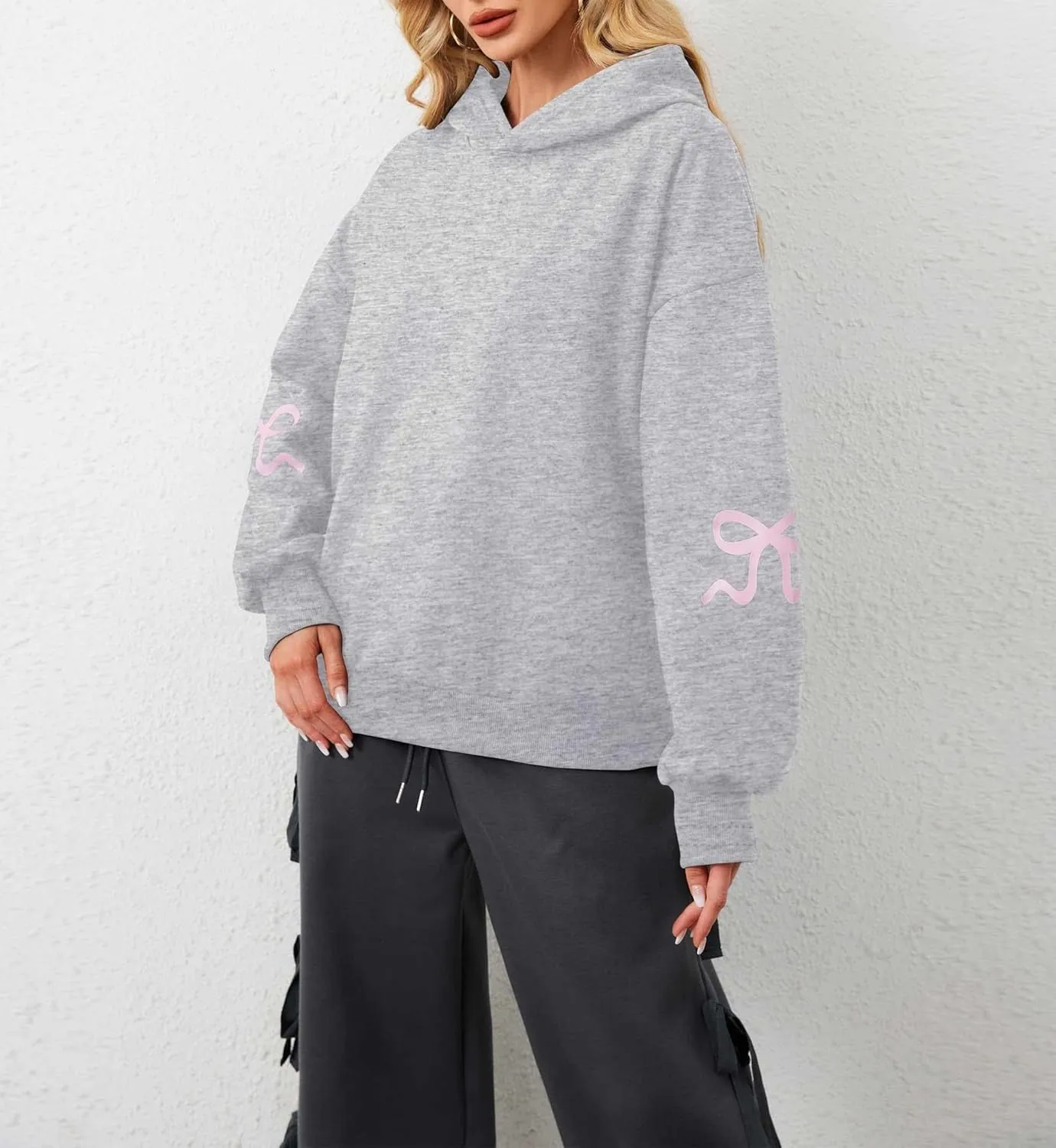 Aopwsrlyi Women's Cute Bow Hoodie Oversized Long Sleeve Fleece Hooded Sweatshirt Trendy Drop Shoulder Pullover Tops