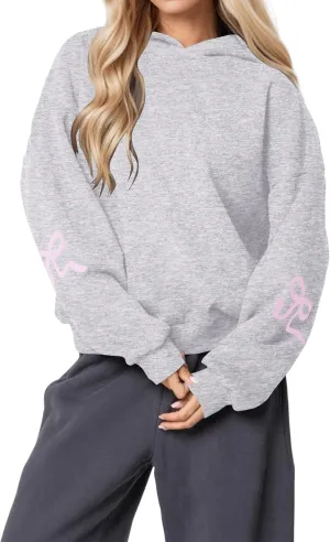 Aopwsrlyi Women's Cute Bow Hoodie Oversized Long Sleeve Fleece Hooded Sweatshirt Trendy Drop Shoulder Pullover Tops