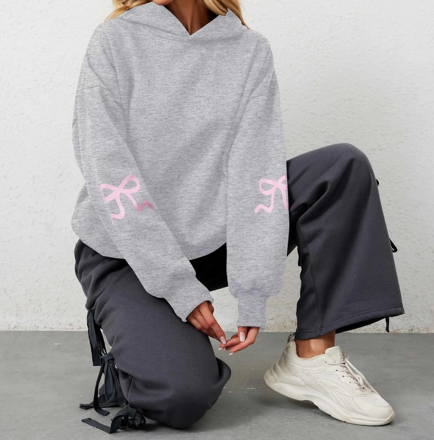 Aopwsrlyi Women's Cute Bow Hoodie Oversized Long Sleeve Fleece Hooded Sweatshirt Trendy Drop Shoulder Pullover Tops