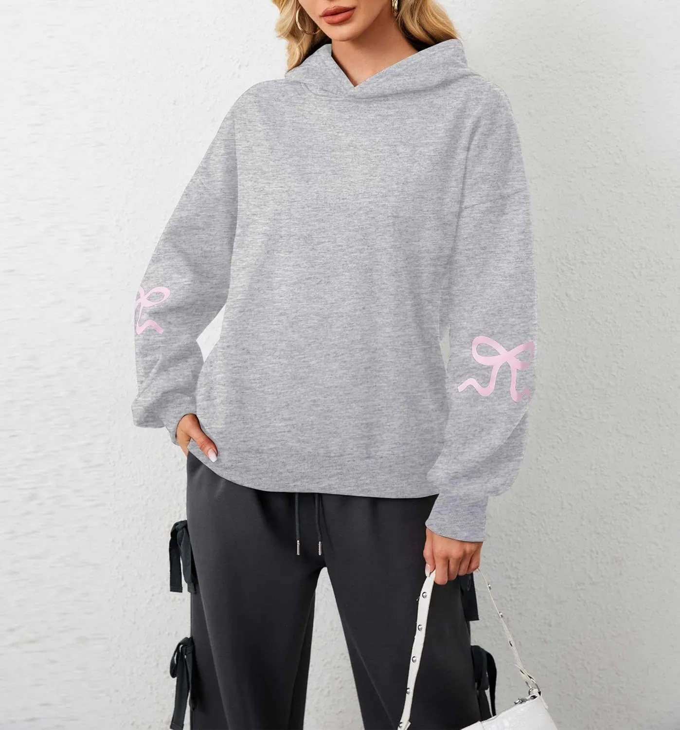 Aopwsrlyi Women's Cute Bow Hoodie Oversized Long Sleeve Fleece Hooded Sweatshirt Trendy Drop Shoulder Pullover Tops