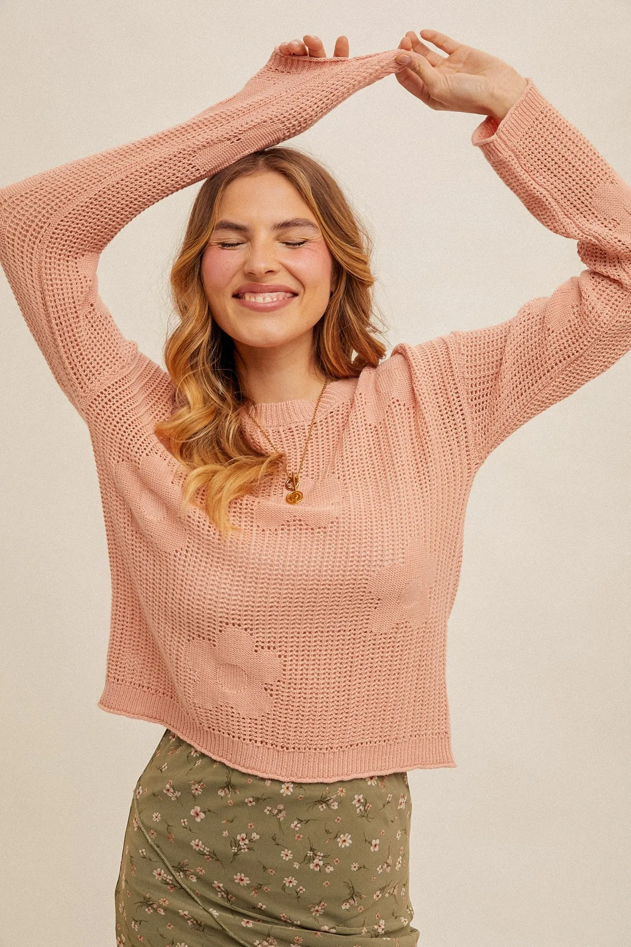 Apricot Floral Crochet Sweater