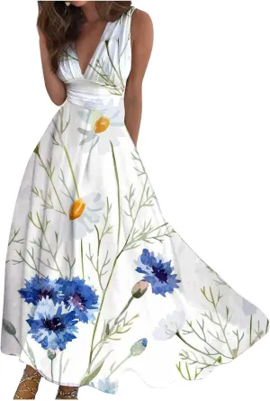 Beach Dresses for Women,Spring Summer Trendy Elegant V Neck Wrap Floral Boho Dress Flowy Ruched Hawaiian Maxi Dress