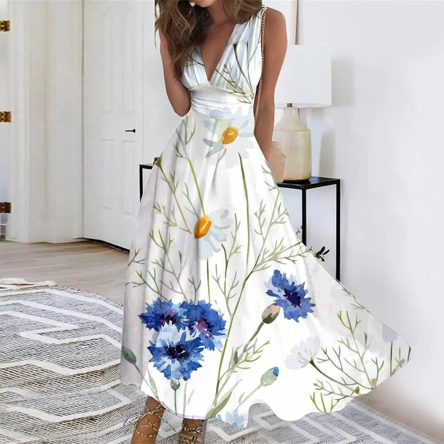 Beach Dresses for Women,Spring Summer Trendy Elegant V Neck Wrap Floral Boho Dress Flowy Ruched Hawaiian Maxi Dress