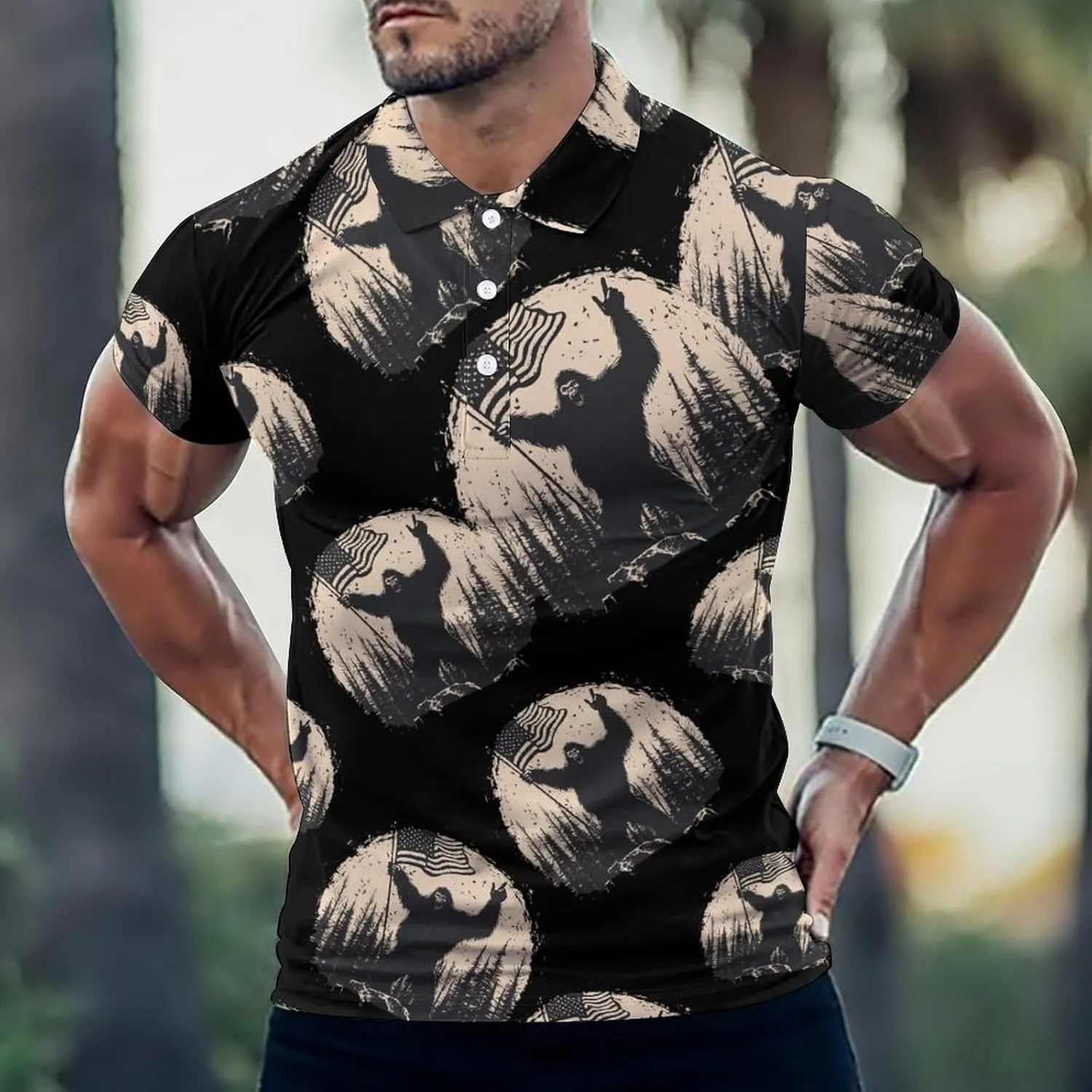 Bigfoot Holding U.S Flag Mens Polo Shirts Quick Dry Short Sleeve T-shirts Slim Tennis Collared Tees Tops