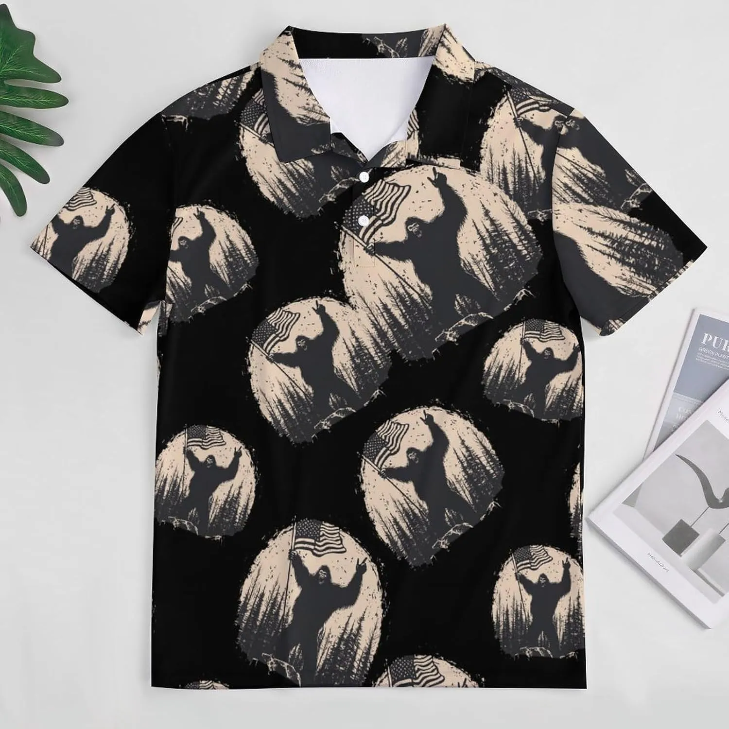 Bigfoot Holding U.S Flag Mens Polo Shirts Quick Dry Short Sleeve T-shirts Slim Tennis Collared Tees Tops