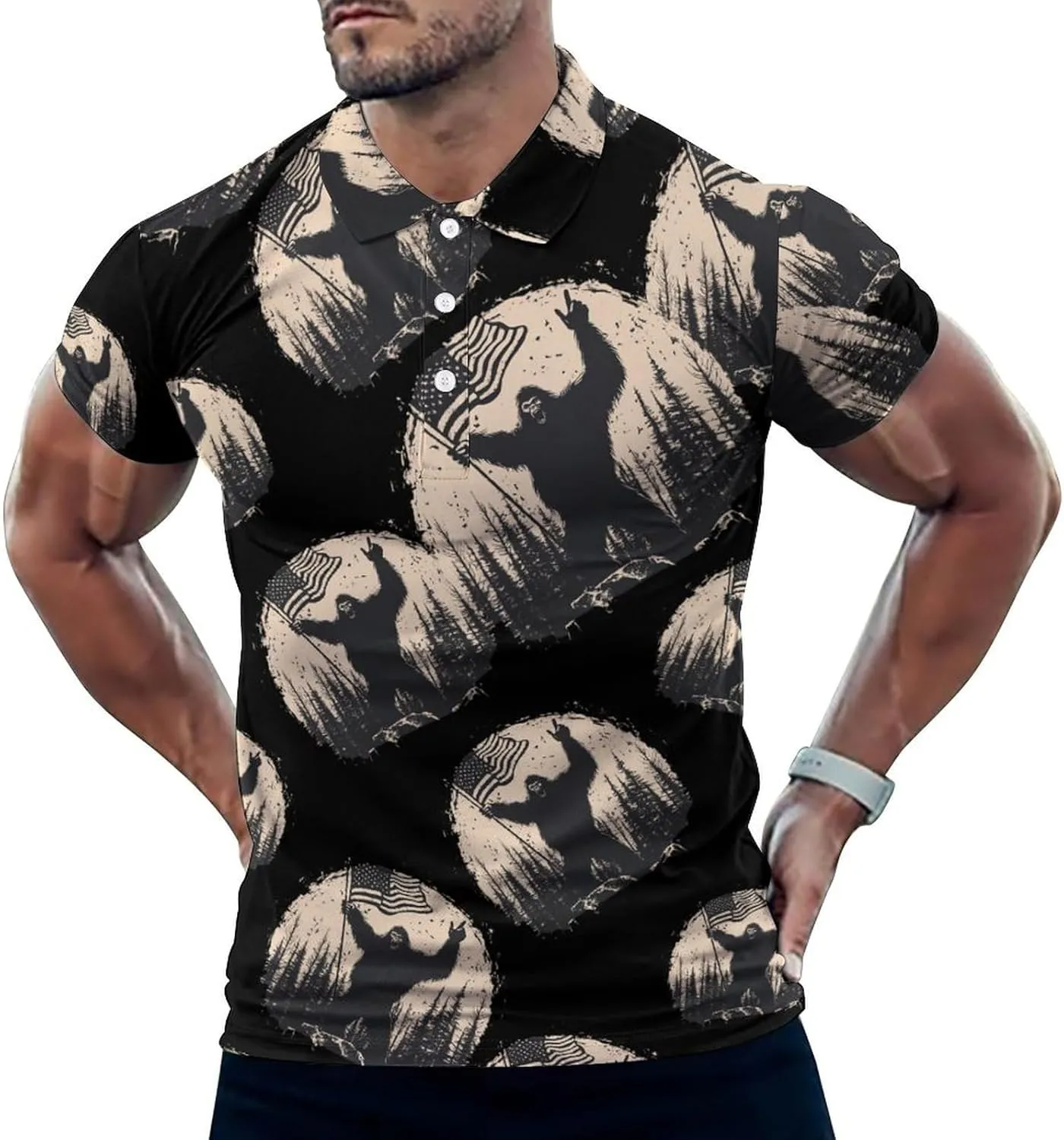 Bigfoot Holding U.S Flag Mens Polo Shirts Quick Dry Short Sleeve T-shirts Slim Tennis Collared Tees Tops