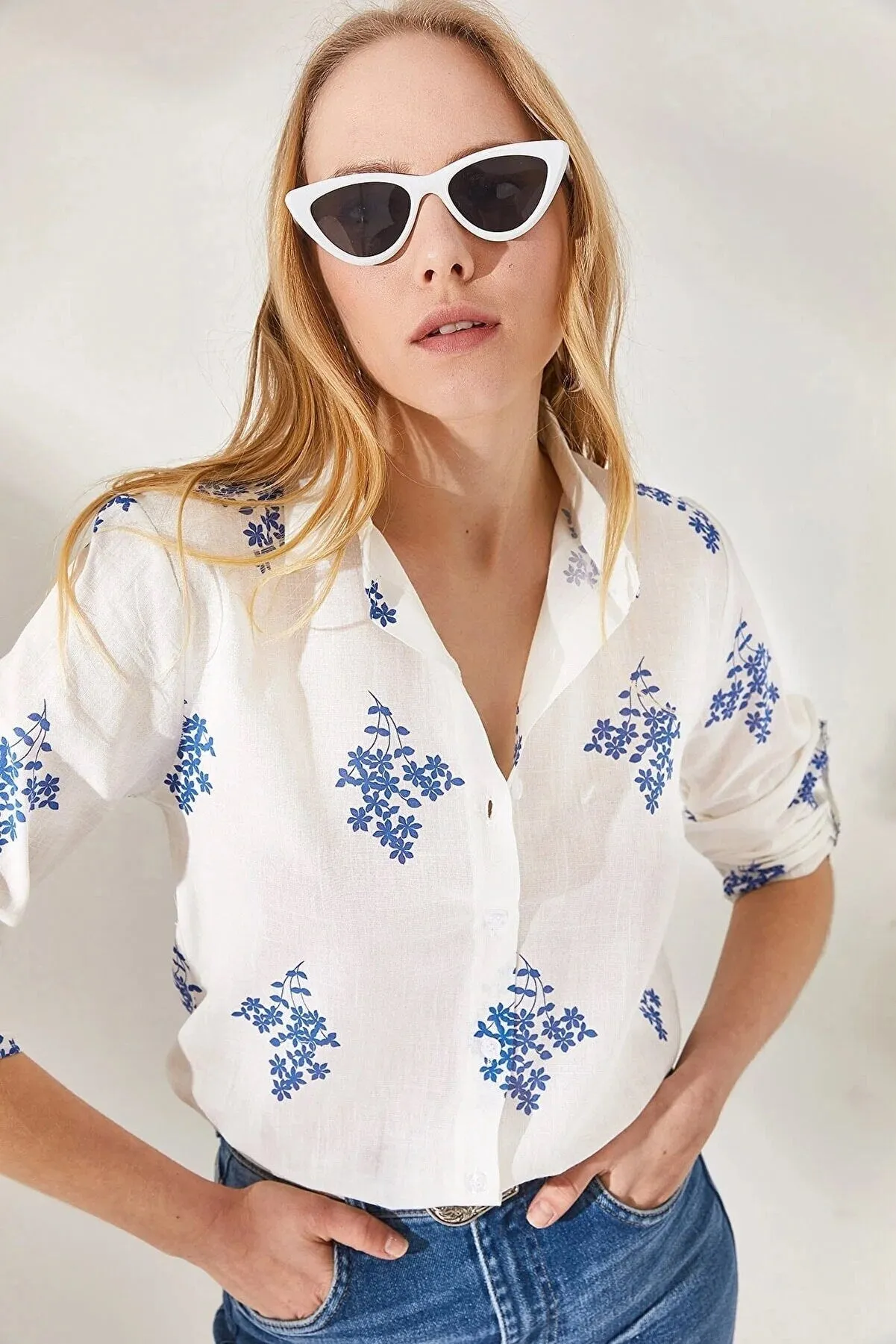 Blue Leaf Print Linen White Blouse