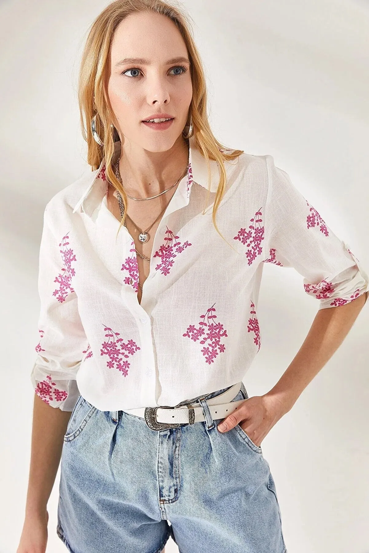 Blue Leaf Print Linen White Blouse
