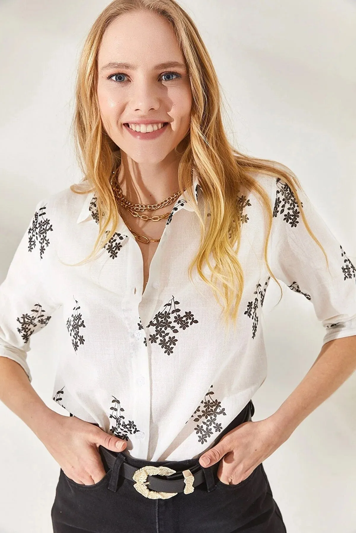 Blue Leaf Print Linen White Blouse