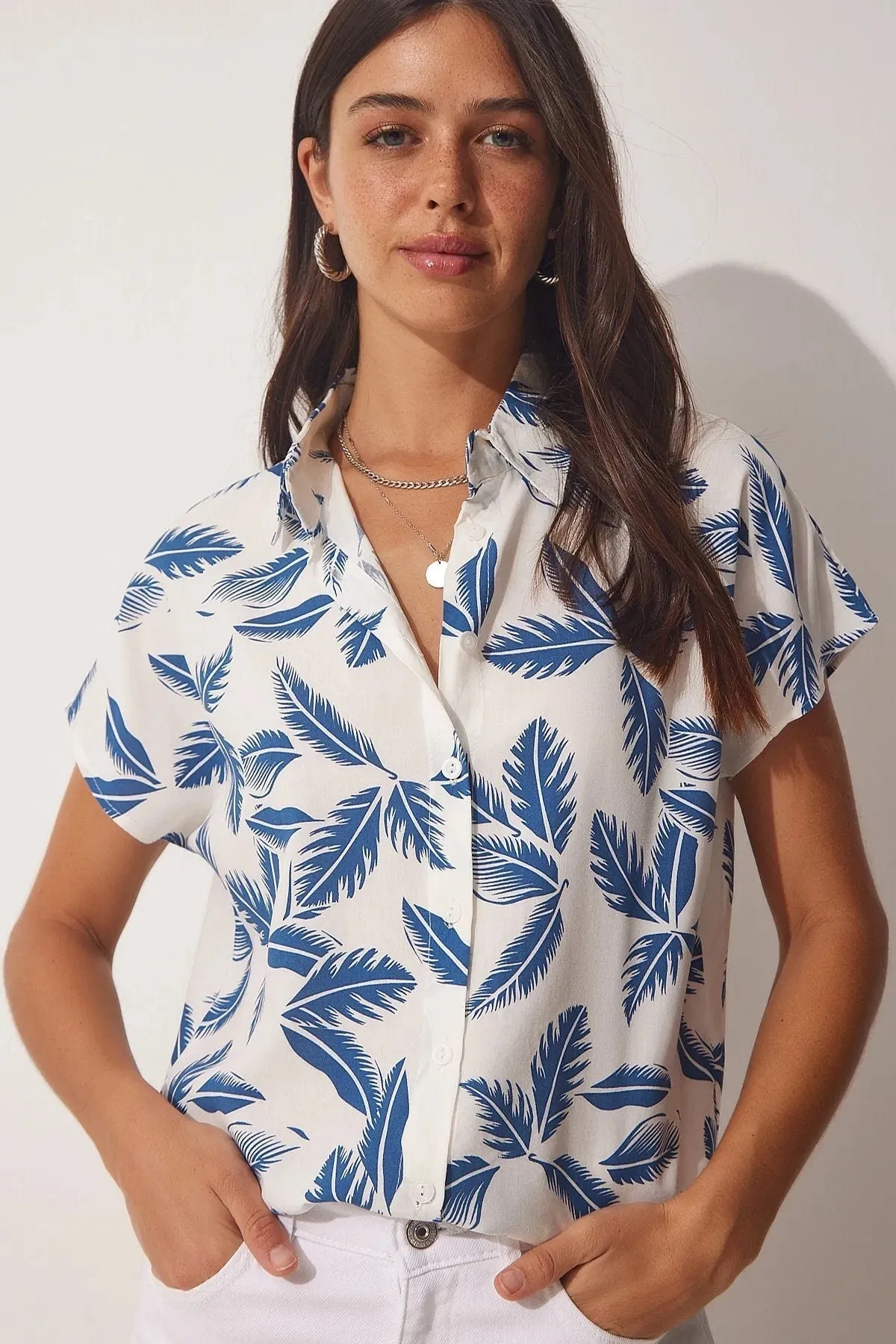 Blue Leaf Short Sleeve White Blouse