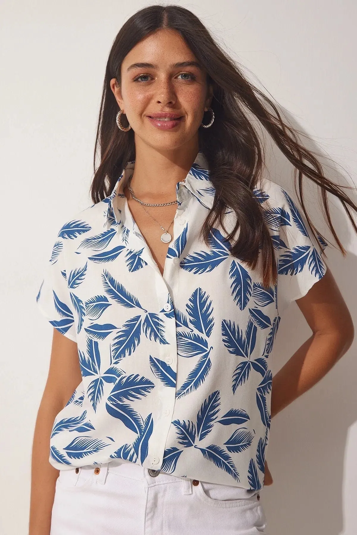Blue Leaf Short Sleeve White Blouse