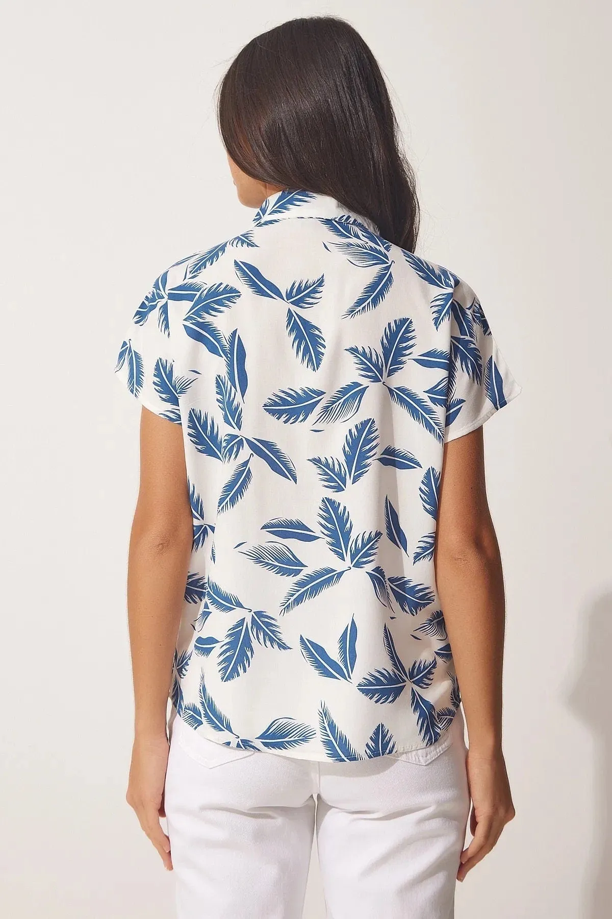 Blue Leaf Short Sleeve White Blouse