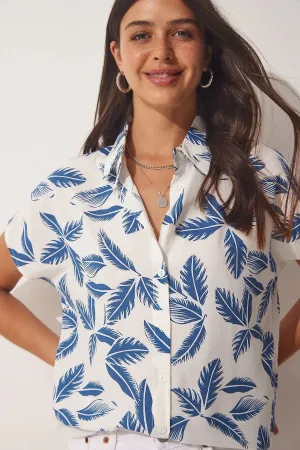 Blue Leaf Short Sleeve White Blouse
