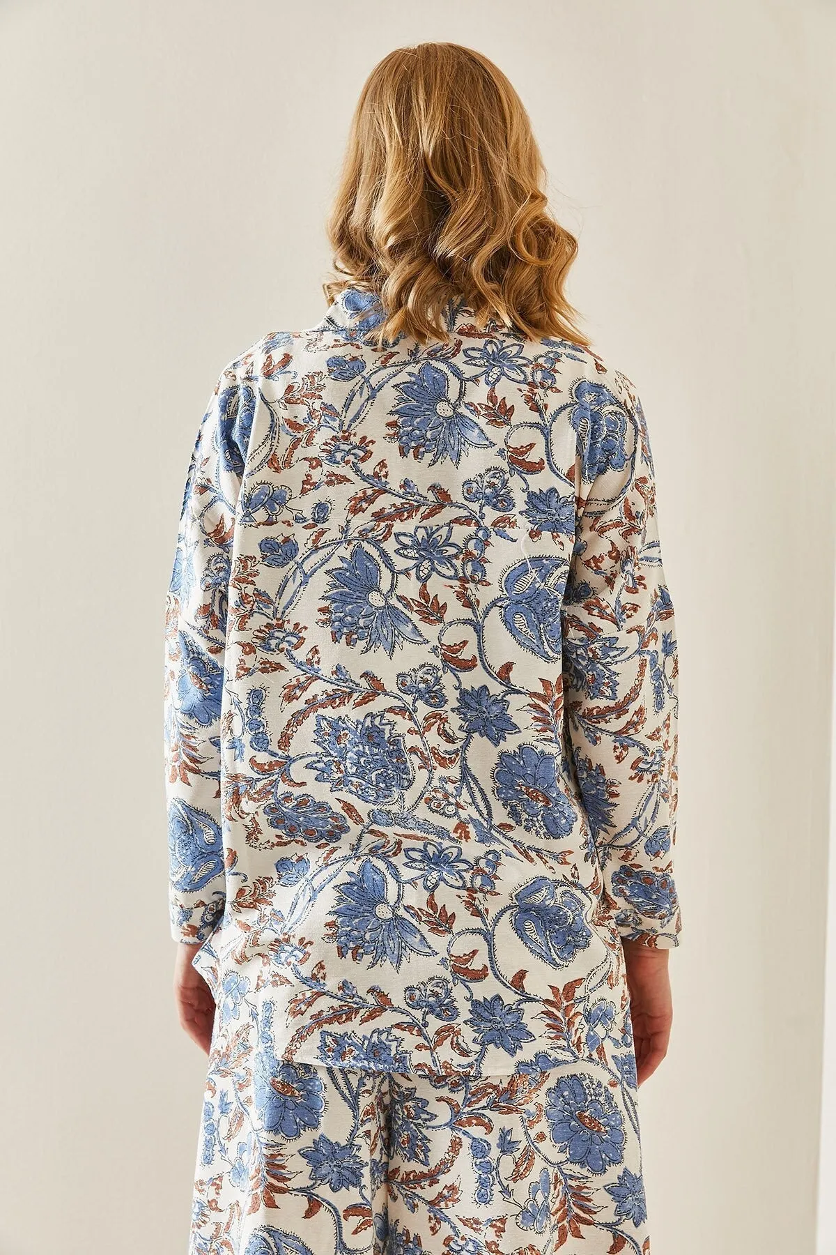 Blue Minimalist Floral Designer Linen Blouse