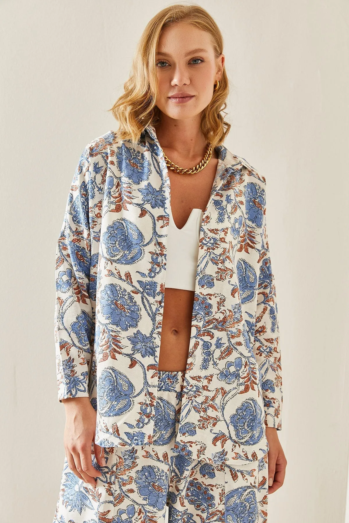 Blue Minimalist Floral Designer Linen Blouse