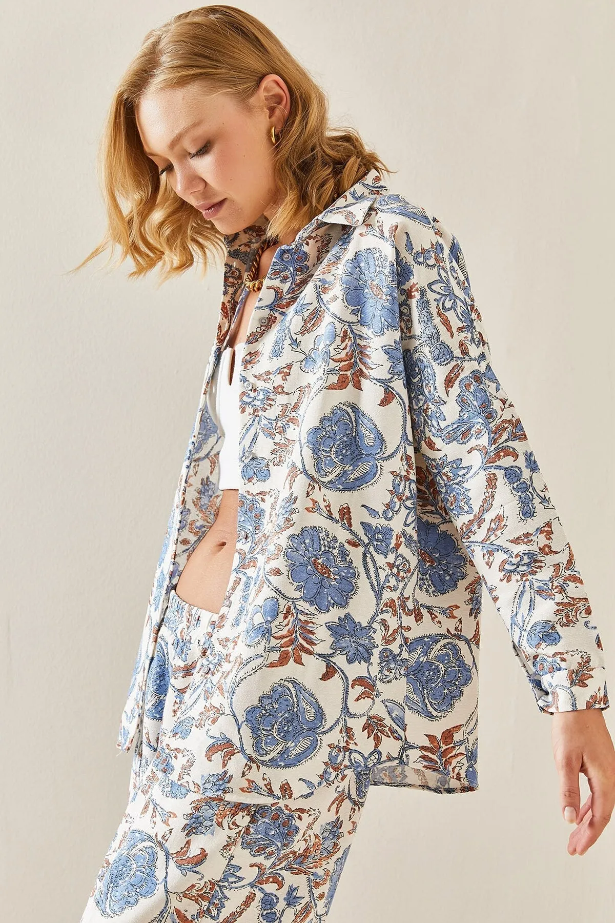 Blue Minimalist Floral Designer Linen Blouse