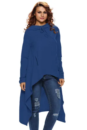 Blue Plain Drawstring Irregular Oversize Hoodie