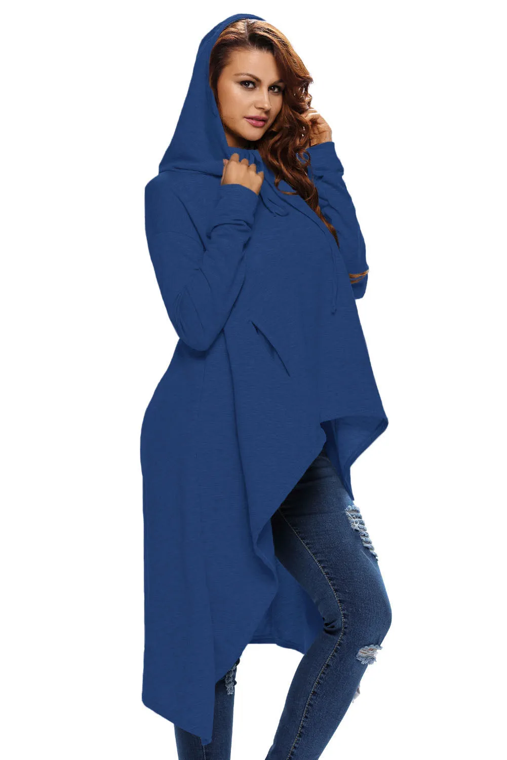 Blue Plain Drawstring Irregular Oversize Hoodie