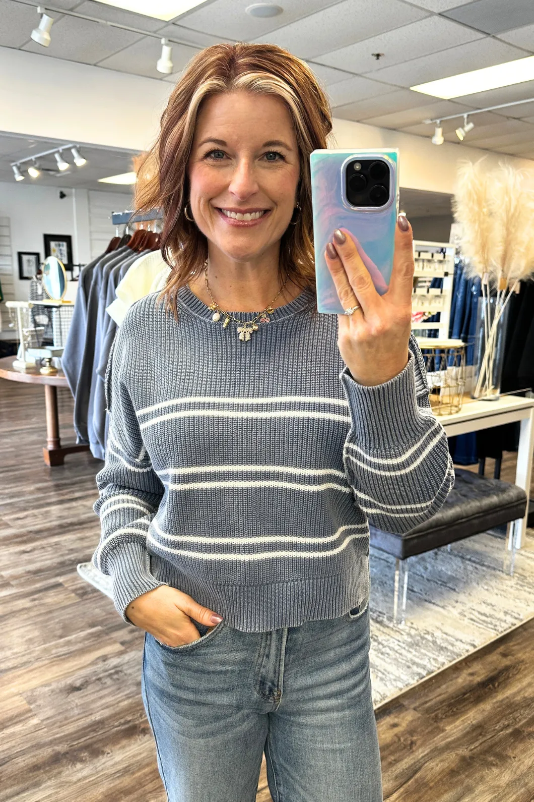Blue Striped Exposed Seam Sweater