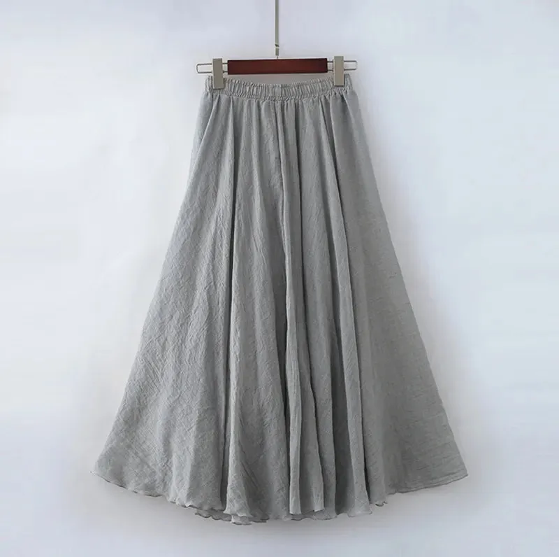 Boho Style Women's High-Waisted Elastic Casual Maxi Skirt in High-Quality Cotton Linen with Pleats - Beach-ready A-Line Skirt