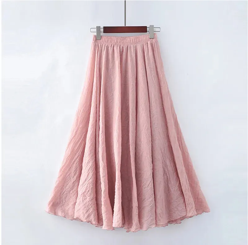 Boho Style Women's High-Waisted Elastic Casual Maxi Skirt in High-Quality Cotton Linen with Pleats - Beach-ready A-Line Skirt