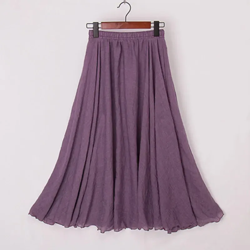 Boho Style Women's High-Waisted Elastic Casual Maxi Skirt in High-Quality Cotton Linen with Pleats - Beach-ready A-Line Skirt
