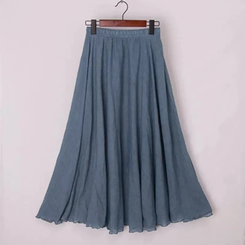 Boho Style Women's High-Waisted Elastic Casual Maxi Skirt in High-Quality Cotton Linen with Pleats - Beach-ready A-Line Skirt