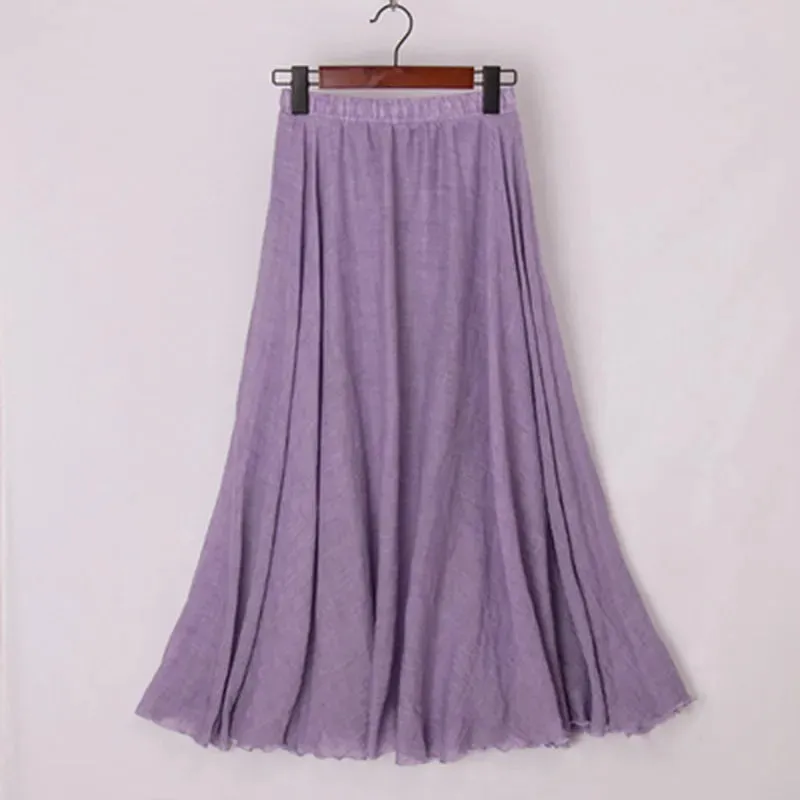 Boho Style Women's High-Waisted Elastic Casual Maxi Skirt in High-Quality Cotton Linen with Pleats - Beach-ready A-Line Skirt