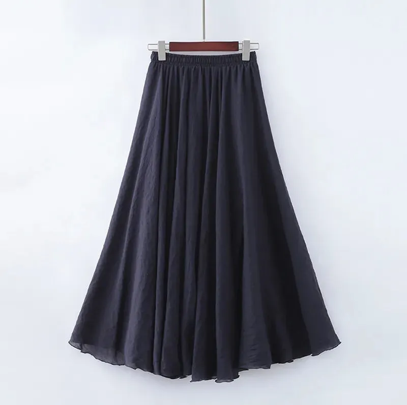 Boho Style Women's High-Waisted Elastic Casual Maxi Skirt in High-Quality Cotton Linen with Pleats - Beach-ready A-Line Skirt