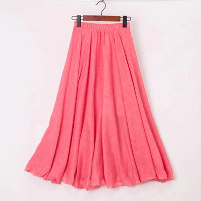 Boho Style Women's High-Waisted Elastic Casual Maxi Skirt in High-Quality Cotton Linen with Pleats - Beach-ready A-Line Skirt