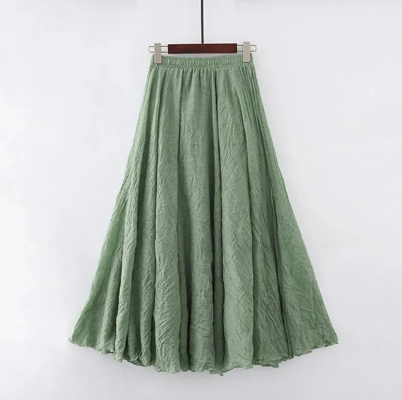 Boho Style Women's High-Waisted Elastic Casual Maxi Skirt in High-Quality Cotton Linen with Pleats - Beach-ready A-Line Skirt