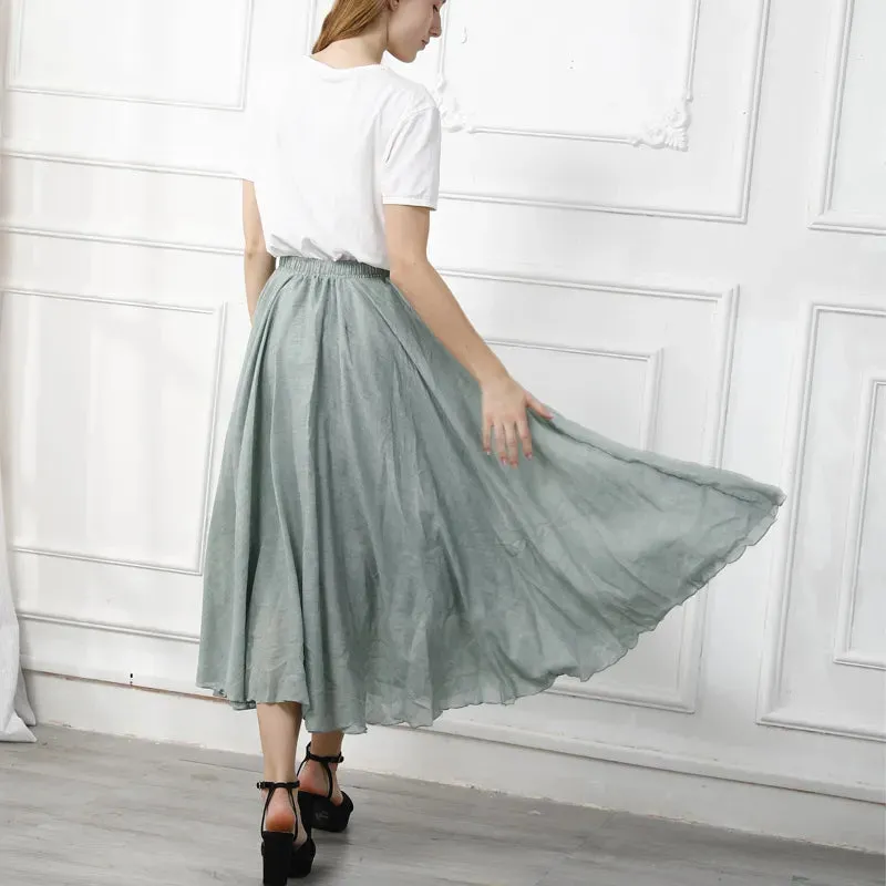 Boho Style Women's High-Waisted Elastic Casual Maxi Skirt in High-Quality Cotton Linen with Pleats - Beach-ready A-Line Skirt