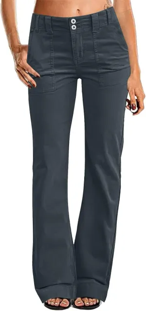 Casual Flare Pants for Women Classic Stretch Twill Pants High Waisted Chino Pants Comfy Wide Leg Pants with Pockets