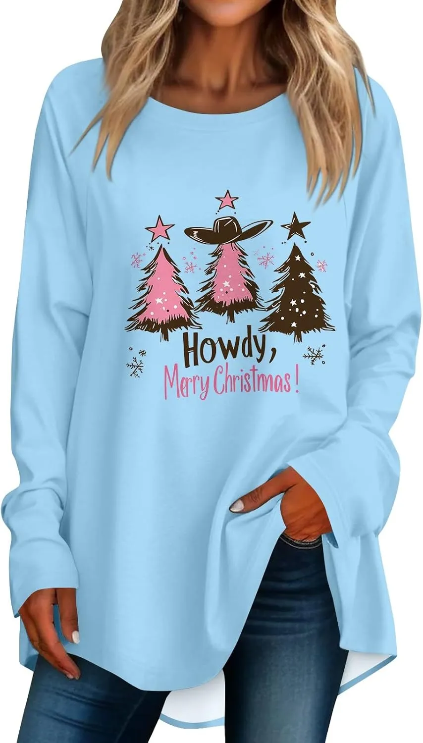 Christmas Sweatshirt for Women 2024 Funny Plus Size Print Sweatshirts Crewneck Long Sleeve Xmas Holiday Vacation Tops
