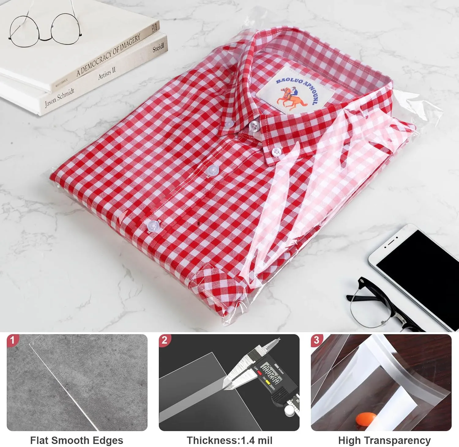 Clear Cellophane Bags T-Shirt Bag 50 Pcs 12x16 inch Self Sealing Adhesive Poly Plastic Clothes Clothing, Magazines, Flyers, Small Business Packaging Bag