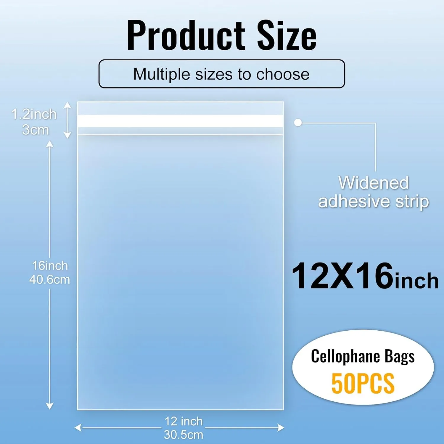 Clear Cellophane Bags T-Shirt Bag 50 Pcs 12x16 inch Self Sealing Adhesive Poly Plastic Clothes Clothing, Magazines, Flyers, Small Business Packaging Bag