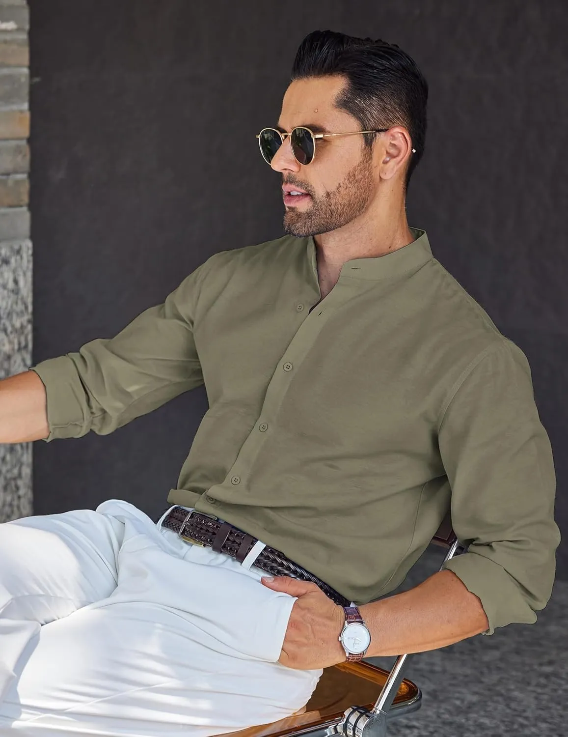 COOFANDY Men's Long Sleeve Oxford Dress Shirts Chambray Button Down Shirt Casual Band Collar Shirts
