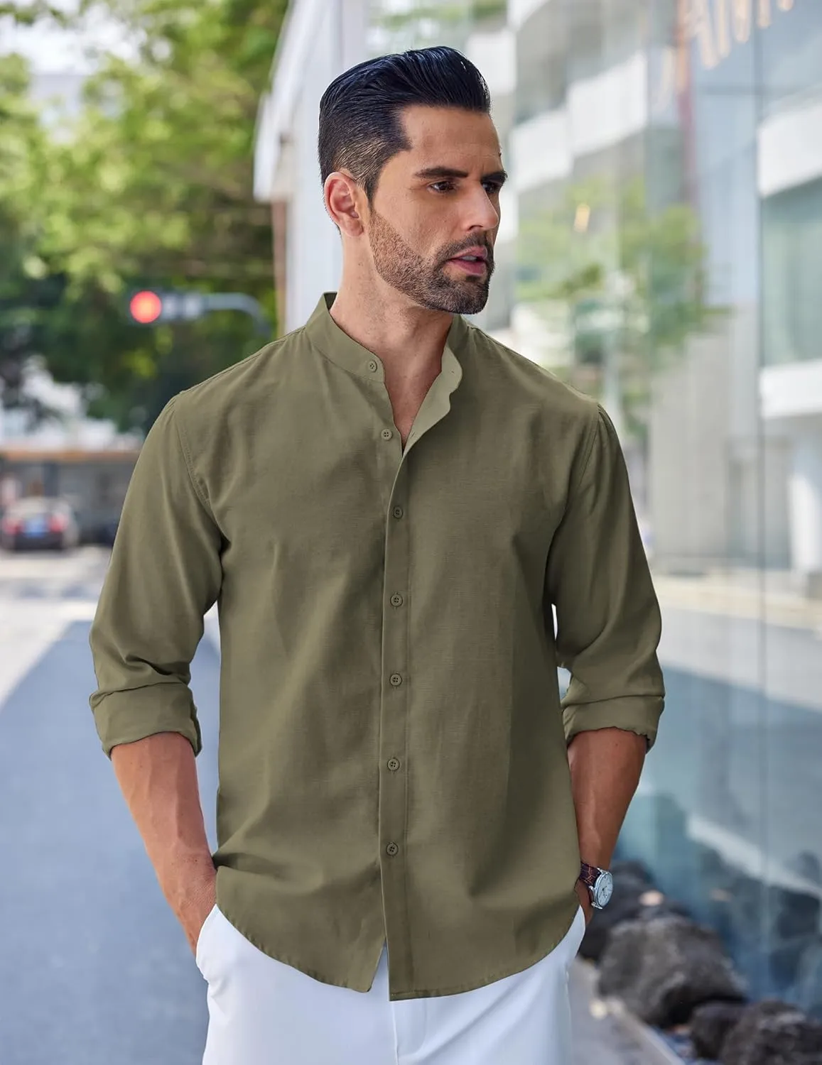 COOFANDY Men's Long Sleeve Oxford Dress Shirts Chambray Button Down Shirt Casual Band Collar Shirts