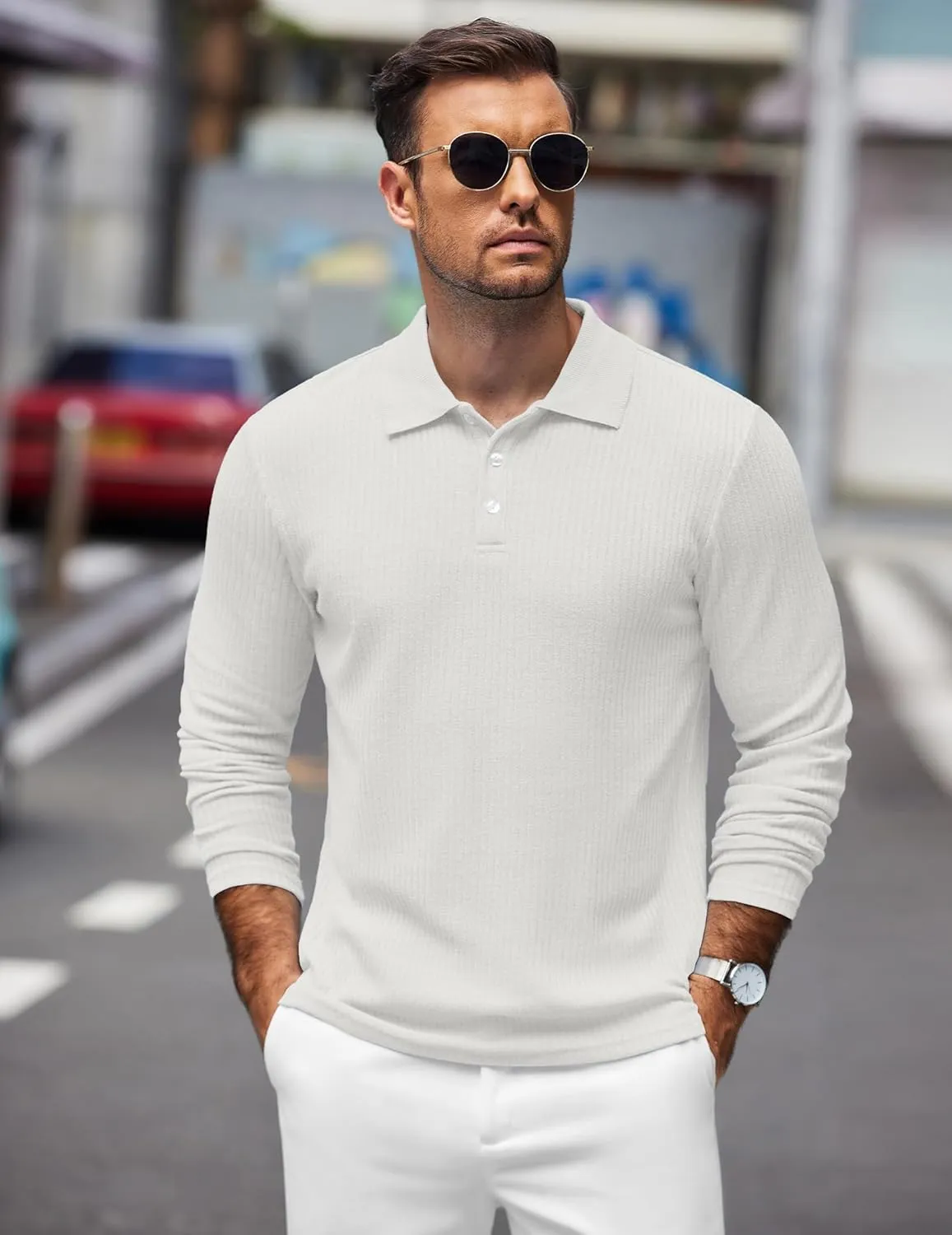 COOFANDY Men's Stretch Muscle Tshirts Long Sleeve Knit Tees Casual Slim Fit Polo Shirts