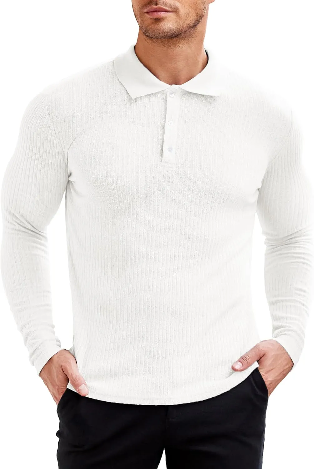 COOFANDY Men's Stretch Muscle Tshirts Long Sleeve Knit Tees Casual Slim Fit Polo Shirts