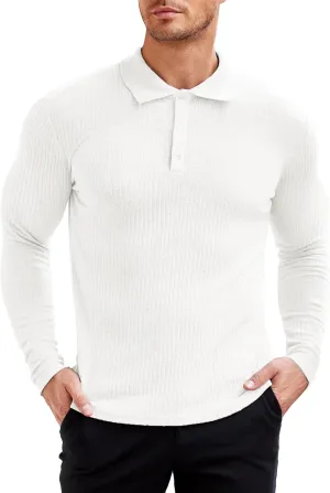 COOFANDY Men's Stretch Muscle Tshirts Long Sleeve Knit Tees Casual Slim Fit Polo Shirts