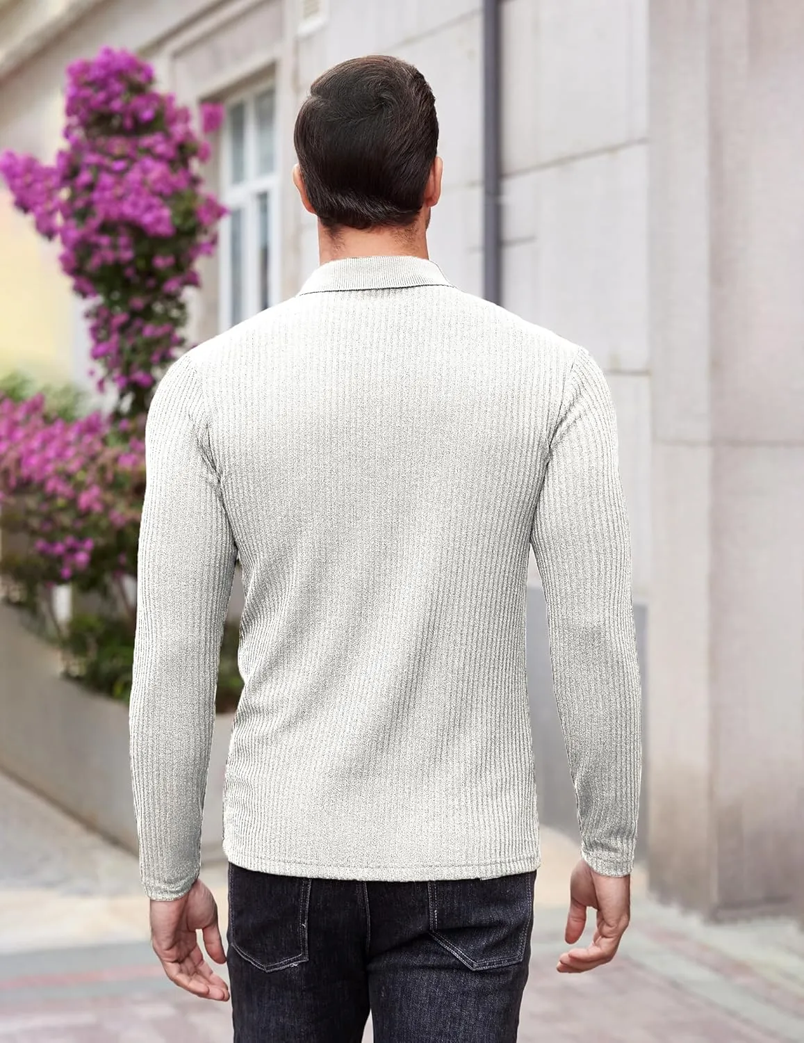 COOFANDY Men's Stretch Muscle Tshirts Long Sleeve Knit Tees Casual Slim Fit Polo Shirts