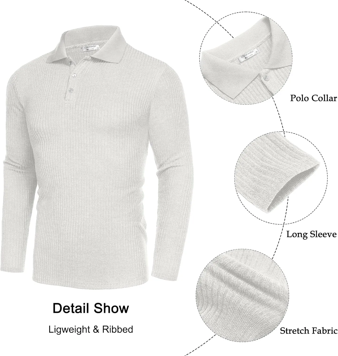 COOFANDY Men's Stretch Muscle Tshirts Long Sleeve Knit Tees Casual Slim Fit Polo Shirts
