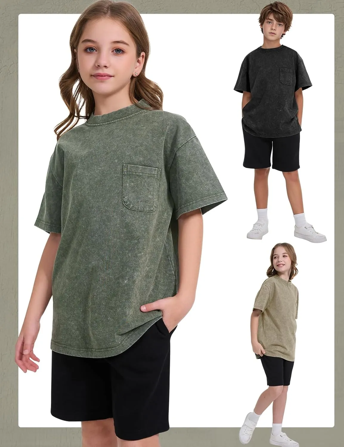 COZYPOIN 3 Pack Unisex Boys Girls T-Shirts Kids Short Sleeve Crewneck Acid Washed Tee Shirts Summer Tops 5-14Y